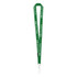 A green custom lanyard featuring a logo and text in white, with a metal clip at the end.