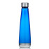 A drink bottle made of blue Tritan with a silver cap and a sleek, tapered design, featuring a logo.