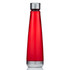 A drink bottle made of red Tritan material with a silver metallic cap and a sleek, tapered design.