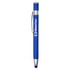 A blue metal pen featuring a shiny silver clip and branding on its barrel.