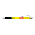 A yellow plastic pen with a black grip and a silver clip, featuring a logo.