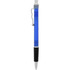 A blue plastic pen with a silver clip and black grip, featuring a logo.