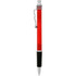 A red plastic pen with silver accents and a black grip, featuring a logo on its body.