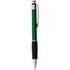A green plastic pen with a silver clip and a black grip, featuring a branding logo.
