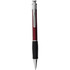 A red and silver pen with a black grip, featuring a chrome clip and a logo.