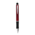 A red plastic pen with a black grip and silver accents, featuring a branding logo.