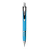 A blue metal pen with a shiny chrome clip and decorative bands. The pen features a sleek design.