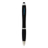 A black stylus pen with a silver tip and a grip section, featuring a logo on the barrel.