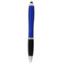 A blue stylus pen with a silver tip and a black grip. It features a logo on the body.