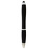 A black stylus pen with silver accents and a rubber grip, featuring a logo on the body.