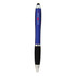 A blue stylus pen with a silver tip and a black grip, featuring a logo.