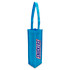 A blue non-woven single wine tote bag with a long handle and a logo.