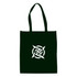 A large black shopping tote bag with a white logo design prominently displayed on the front.