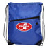 A blue drawstring bag with a zippered pocket and a logo on the front. Black straps are attached for carrying.