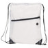 A white drawstring bag with a zippered front pocket and black accents, featuring a logo.