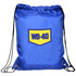 A blue drawstring gym bag with a logo on the front and black cords for closure.
