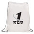 A white gym drawstring bag with a black logo and contrasting drawstrings.