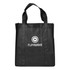 A black shopping tote bag with a gusset and a logo on the front.