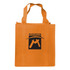 An orange shopping tote bag with a gusset and a black logo on the front.