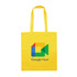 A yellow tote bag with short handles and a logo design featuring a camera icon and text.
