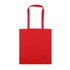 A red calico tote bag with two sturdy handles and no visible logos or text.