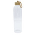 A drink bottle with a clear body and a natural wooden lid, featuring a rope handle.