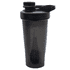 A drink bottle featuring a black shaker cup with a measuring scale and a flip-top lid. It includes a logo.