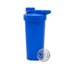 A drink bottle in blue, featuring a secure lid and a stainless steel whisk ball beside it.