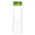 A drink bottle with a transparent body and a green lid. It has a simple, modern design and includes a logo.