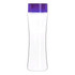 A drink bottle in clear Tritan with a purple lid and a simple, modern design. It features a logo.