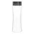 A drink bottle in clear Tritan plastic with a black screw-on lid and a curved design.