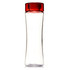 A drink bottle made of clear Tritan with a red lid. It has a sleek, curved design and a logo.