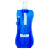 A drink bottle in a bright blue colour with a flexible design and a carabiner attachment, featuring a logo.