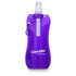 A drink bottle in vibrant purple with a spray nozzle and a carabiner attachment. It features a branding logo.