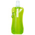 A drink bottle in bright green, featuring a flexible pouch design and a carabiner for attachment.