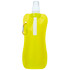 A drink bottle in bright yellow with a spout and a carabiner for attachment. It features a logo.