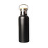 A drink bottle in matte black with a stainless steel rim and wooden cap, featuring a logo.