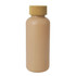 A drink bottle in a neutral beige colour with a cork-like lid and a simple design, featuring a logo.