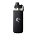 A drink bottle with a transparent body, black neoprene sleeve, and a black lid, featuring a logo.