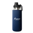 A drink bottle with a clear body and navy blue sleeve, featuring a black lid and a logo.