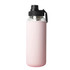 A drink bottle with a transparent glass body and a pink silicone sleeve, featuring a black screw-top lid and handle.