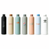 A drink bottle collection featuring various colours: black, soft pink, mint green, light blue, and peach, with logos.