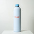 A drink bottle featuring a light blue body and a blue cap, with a logo on its surface.