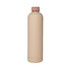 A drink bottle in a muted beige colour with a pink cap, featuring a logo on its surface.