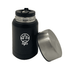 A drink bottle with a matte black exterior and a stainless steel lid, featuring a logo on the front.