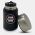A drink bottle with a black matte finish and silver lid, featuring a logo on the side.