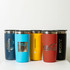A drink tumbler set in various colours including navy, blue, yellow, red, and black, featuring logos on some.