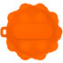 A round, orange stress ball with a bumpy surface and a flat centre, designed for squeezing.