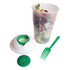 A clear salad shaker with a white lid and green fork, filled with a salad mix. Features a logo on the side.