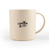 A cream-coloured mug with a textured finish and a logo. It has a curved handle and a round body.